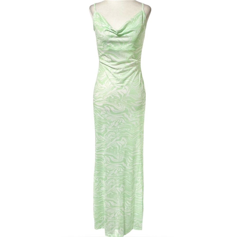 New Urban Threads Wavy Print Sheer Mesh Cowl Neck Cover Up Maxi Dress Mint XS